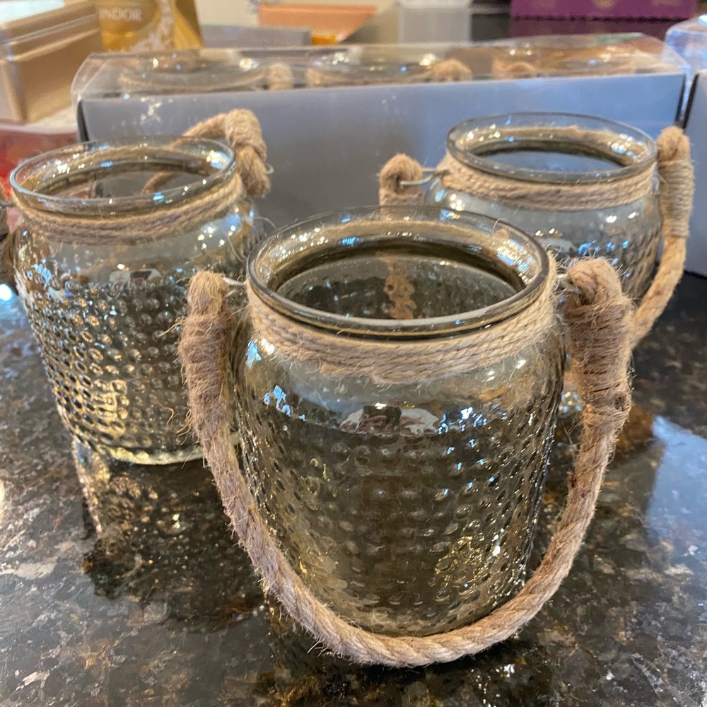 Glass Candle Holders with Jute Handles
Three Per Set; Two Sets Available